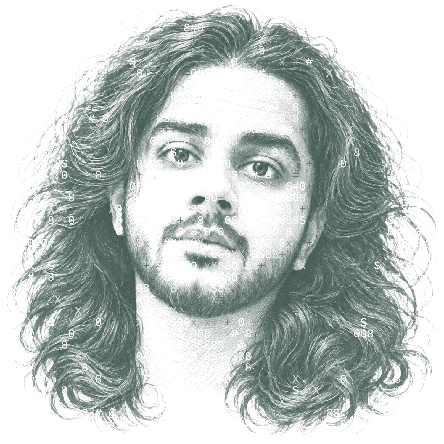 ASCII portrait of omi, rendered in fine characters within an architectural line drawing